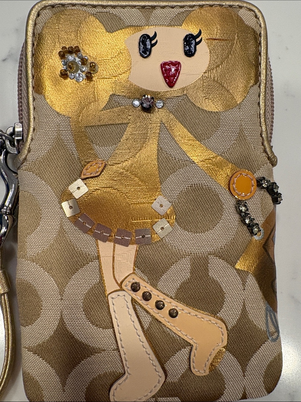 Coach Gold & Beige Signature Wristlet Phone Case with Applique - Picture 3 of 7
